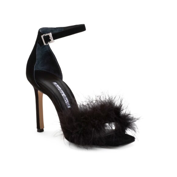 CHARLES DAVID Black Suede Esquire Faux Feather Heeled Sandals - Picture 1 of 2